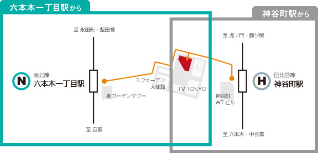 六本木一丁目駅から 神谷町駅から